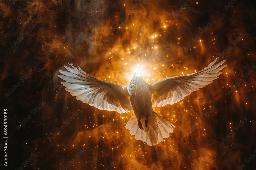 Obraz premium White dove symbolizes love and peace descending from heaven.