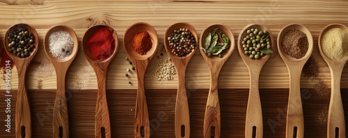 A variety of spices and ingredients on wooden spoons, meticulously placed on a wooden cooking table, offering a feast for the eyes.