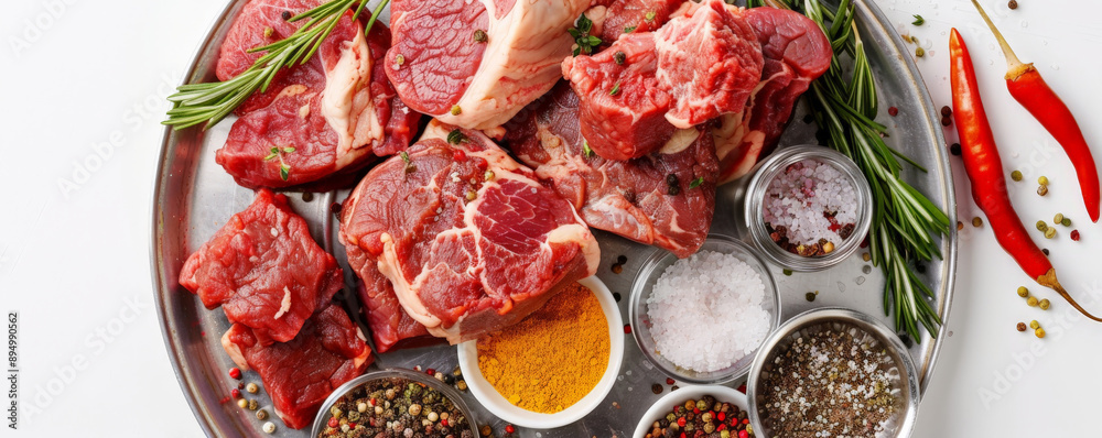Overhead view of raw meat on a metal platter with assorted seasonings, all presented on a clean white background. Overhead view of raw meat on a metal platter with assorted seasonings, all presented on a clean white background.