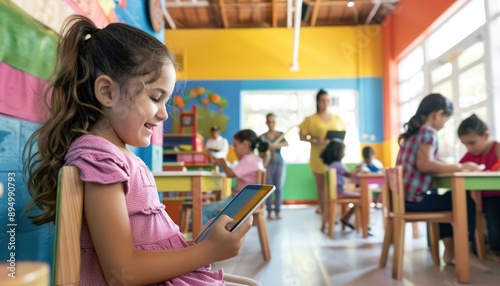 Lively classroom with a girl on an iPad, other students using devices, teacher monitoring.