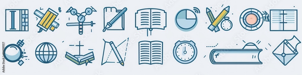 Line art icon set for educational use, featuring minimalist design on a pastel-colored background for graphic projects. Line art icon set for educational use, featuring minimalist design on a pastel-colored background for graphic projects.