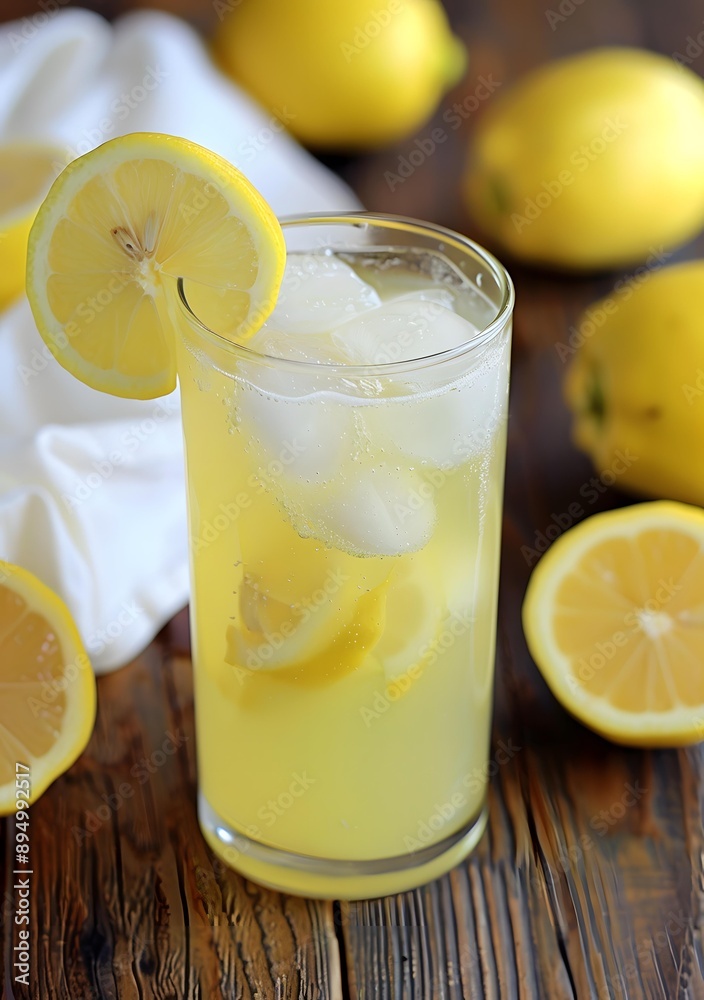Glass of Refreshing Lemonade with Lemon Slices and Ice Cubes on Wooden Table Glass of Refreshing Lemonade with Lemon Slices and Ice Cubes on Wooden Table