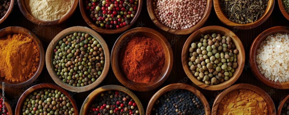 A flat lay of various spices in wooden and ceramic bowls, capturing the rich colors and aromatic diversity. A flat lay of various spices in wooden and ceramic bowls, capturing the rich colors and aromatic diversity.