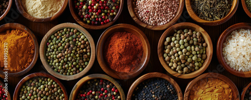 A flat lay of various spices in wooden and ceramic bowls, capturing the rich colors and aromatic diversity.