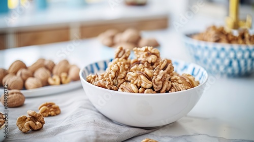  A bowl brimming with nuts rests beside two bowls of walnuts