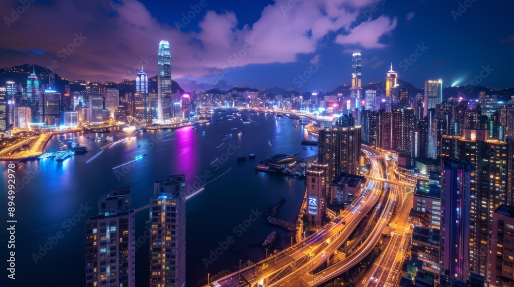 custom made wallpaper toronto digitalAn aerial view of Hong Kong's skyline at night, showcasing the city's vibrant lights and bustling harbor.