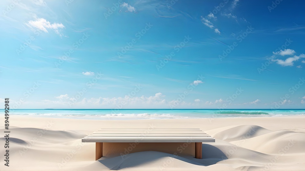 Fototapeta premium Wooden bench on white sandy beach under blue sky, perfect for relaxation and vacation themes