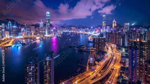 Wallpaper Mural An aerial view of Hong Kong's skyline at night, showcasing the city's vibrant lights and bustling harbor. Torontodigital.ca