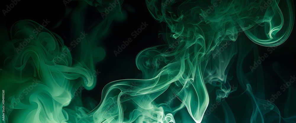 Fototapeta premium Ethereal green smoke swirls on black background, abstract art, mesmerizing wallpaper