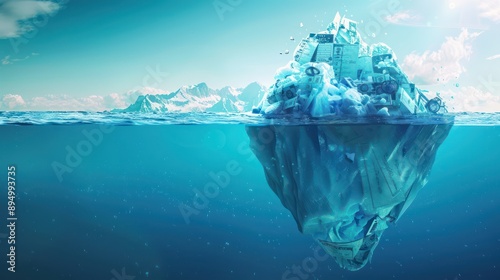 high-concept image of a financial iceberg, with visible budget allocations above water and hidden costs below