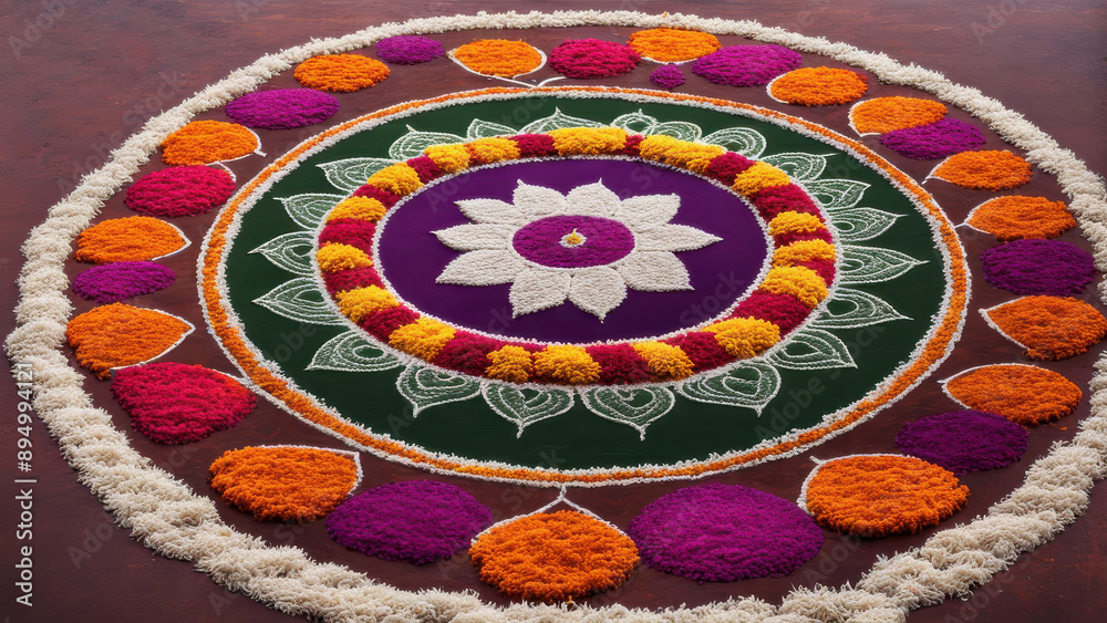 Rangoli designs with colorful powders and flowers on street Rangoli designs with colorful powders and flowers on street