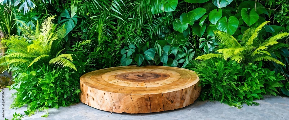 Rustic wooden bench amidst lush green plants, perfect for nature-themed outdoor design Rustic wooden bench amidst lush green plants, perfect for nature-themed outdoor design