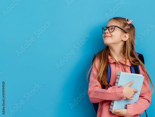 little girl smiling on a blue background, school, back to school, education