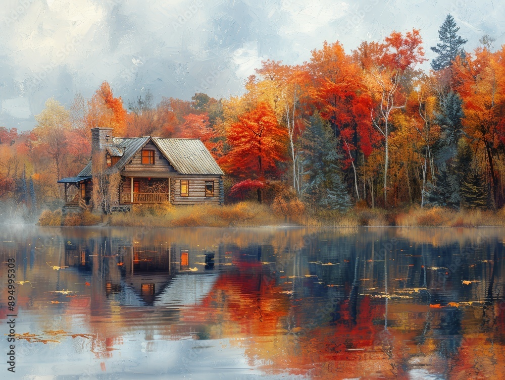 Fototapeta premium Rustic Cabin by a Tranquil Lake Surrounded by Vibrant Autumn Foliage and Reflections in Water