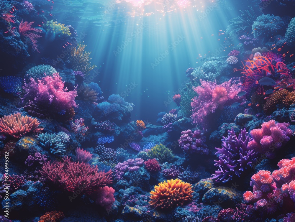 Fototapeta premium Vibrant Underwater Coral Reef Scene with Colorful Marine Life and Sunlight Beams Penetrating the Ocean Surface