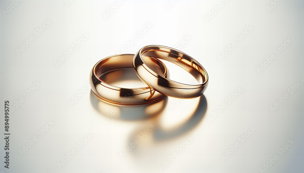 Two gold wedding bands overlap on a reflective surface against a white gradient background, their curves and luster highlighted by a soft glow. Two gold wedding bands overlap on a reflective surface against a white gradient background, their curves and luster highlighted by a soft glow.