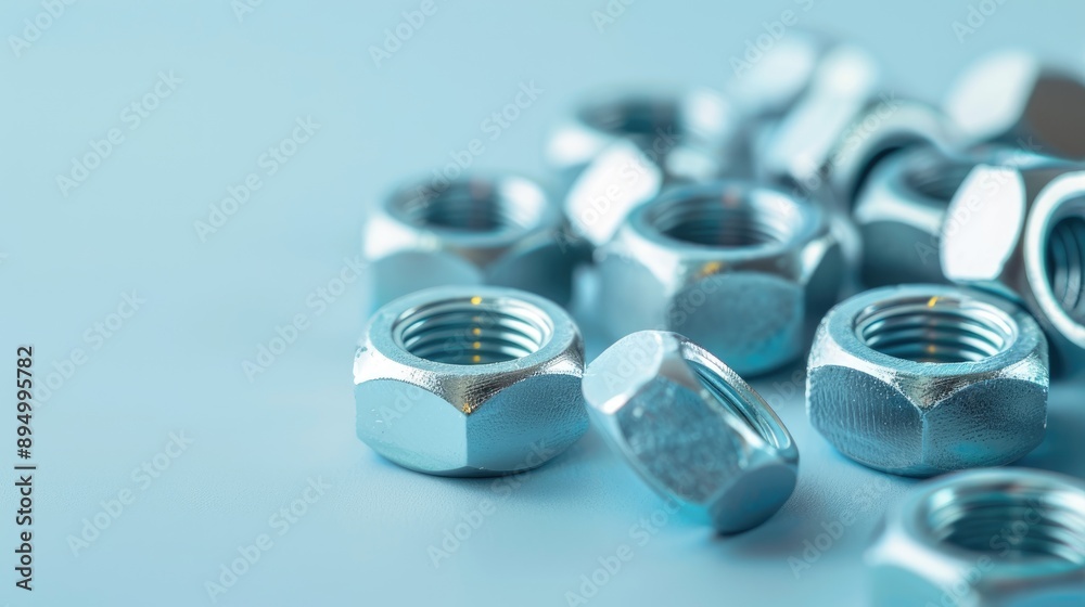 Construction hex nuts in close up on light blue background with copy space Construction hex nuts in close up on light blue background with copy space