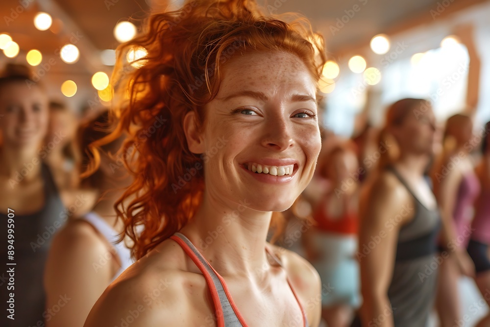 A cheerful woman with red hair smiles while exercising in a lively fitness class, surrounded by people in a bright studio A cheerful woman with red hair smiles while exercising in a lively fitness class, surrounded by people in a bright studio