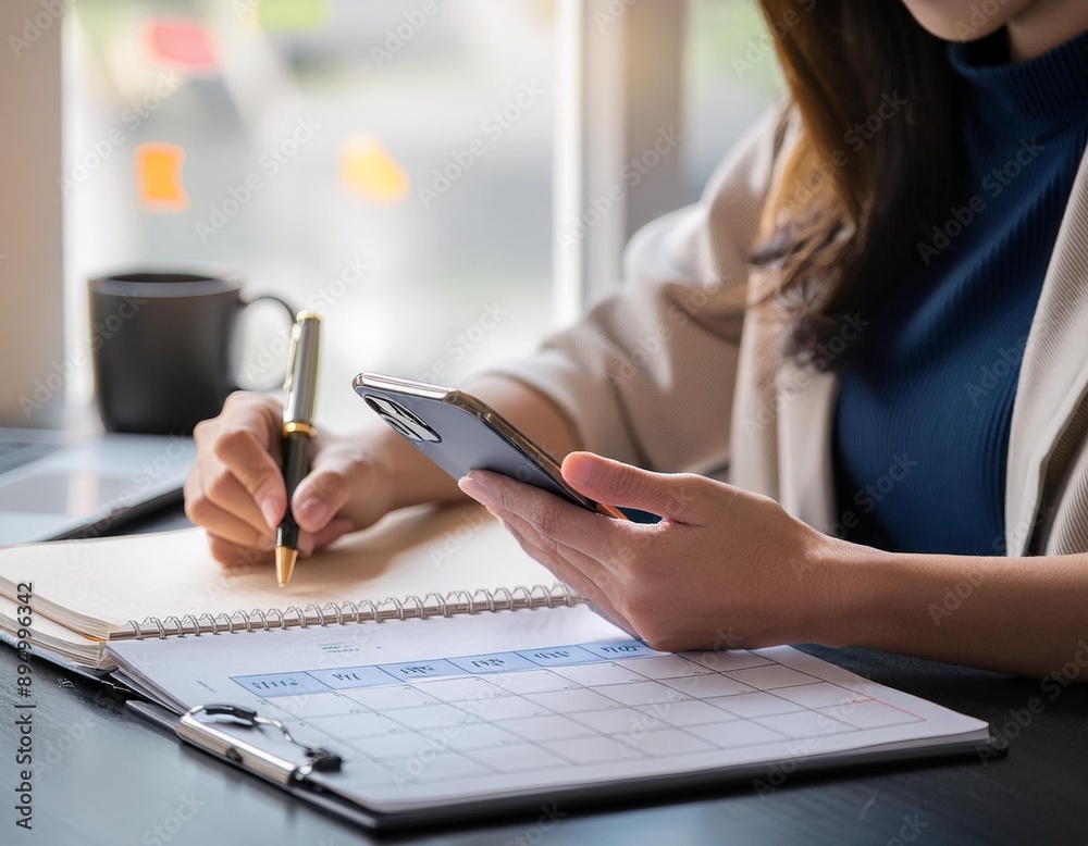 Eventplaner-Zeitplan, Terminplan zur Organisation eines Events. Geschäftsfrau nutzt ein Mobiltelefon und notiert Termine im Kalender auf dem Schreibtisch im Büro. Eventplaner-Zeitplan, Terminplan zur Organisation eines Events. Geschäftsfrau nutzt ein Mobiltelefon und notiert Termine im Kalender auf dem Schreibtisch im Büro.