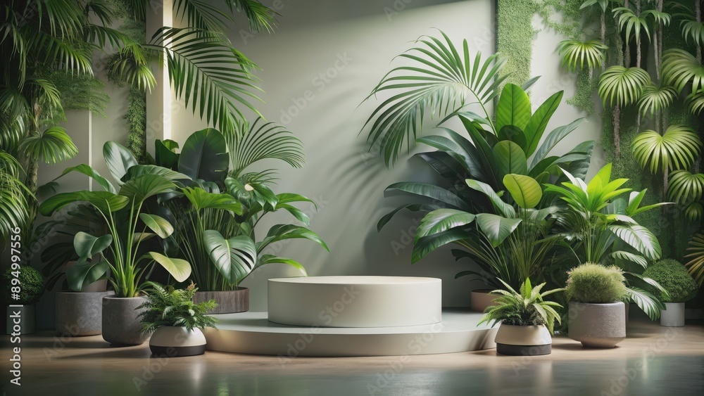 Podium with lush tropical plants and product display, podium, tropical plants, green leaves, product display, presentation Podium with lush tropical plants and product display, podium, tropical plants, green leaves, product display, presentation