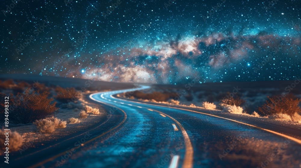 Fototapeta premium A winding road under a starry night sky, illuminated by the glow of the Milky Way, creating a tranquil and dreamy atmosphere.