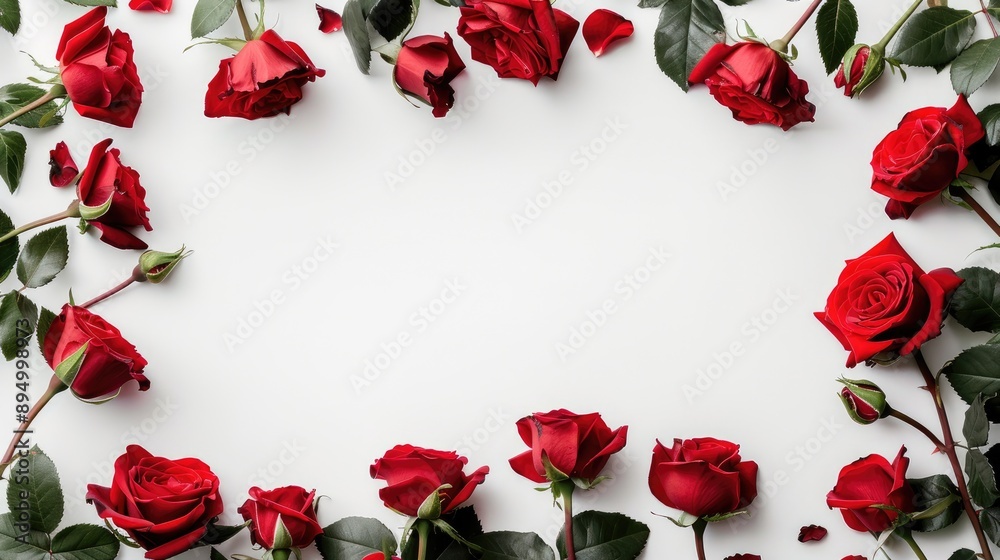 Red rose shrub frame on white background with text space Red rose shrub frame on white background with text space