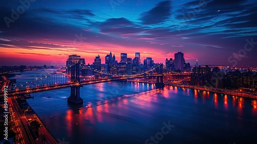 Stunning aerial view of New York City skyline at sunset, featuring vibrant city lights and the iconic Brooklyn Bridge over the East River.