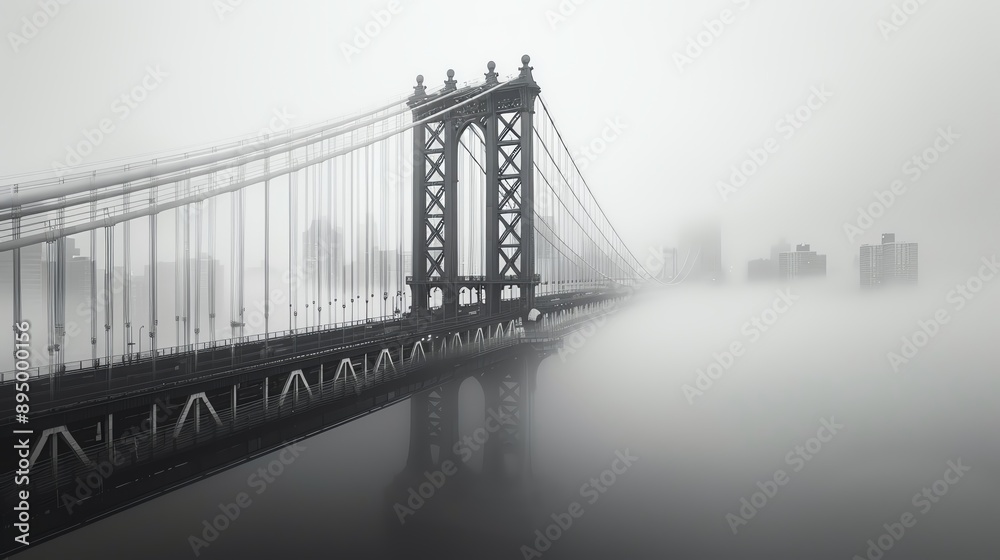 Obraz premium Misty morning view of a suspension bridge disappearing into the fog, with a city skyline faintly visible in the background.