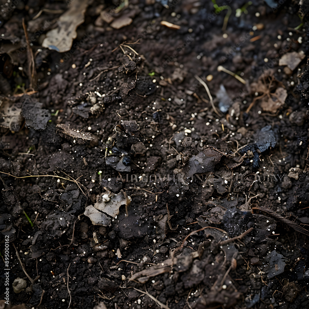 Detailed Close-Up of Rich, Organic Soil Teeming with Life and Decomposed Matter Detailed Close-Up of Rich, Organic Soil Teeming with Life and Decomposed Matter