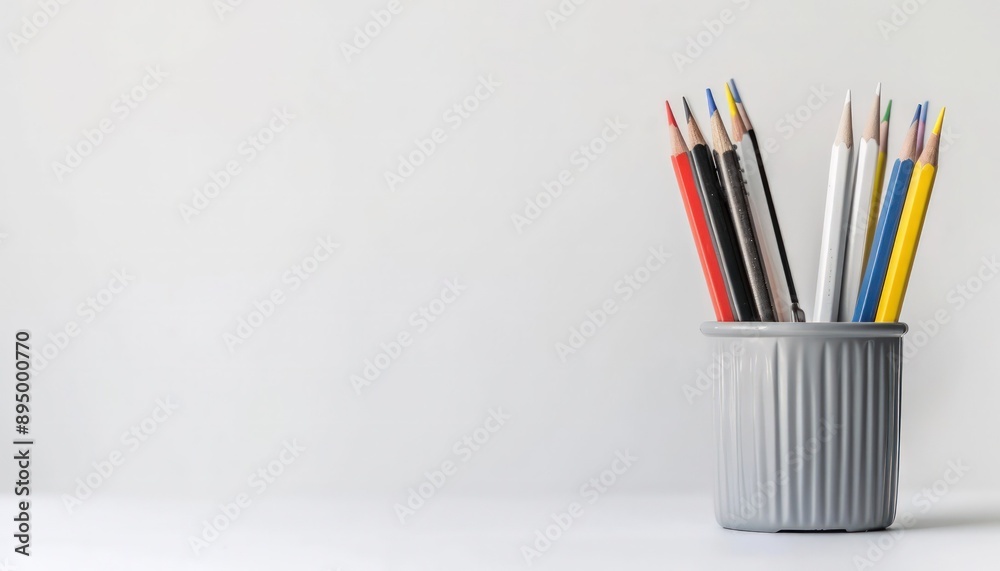High-resolution studio-lit photo of stationery in a grey pencil pot, perfect for educational use. High-resolution studio-lit photo of stationery in a grey pencil pot, perfect for educational use.