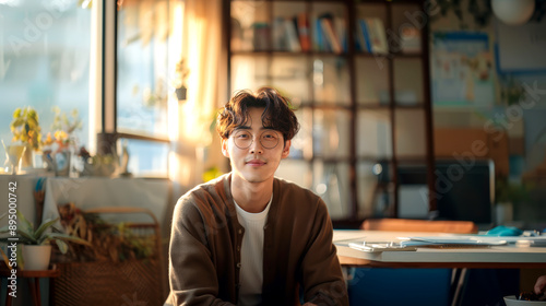 Korean office man looking at camera in his work environment