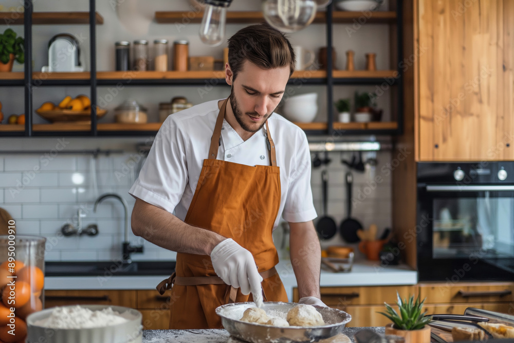 Male chef wearing an apron, preparing dough in kitchen with various ingredients around Male chef wearing an apron, preparing dough in kitchen with various ingredients around