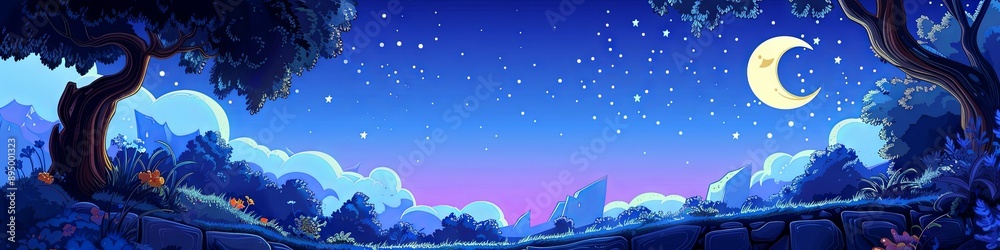 Naklejka premium Nighttime Forest with Crescent Moon