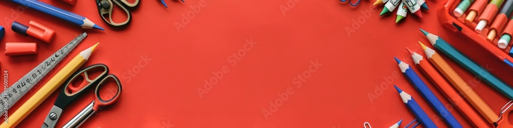 Detailed top view of vibrant school supplies on red, perfect for text. Detailed top view of vibrant school supplies on red, perfect for text.