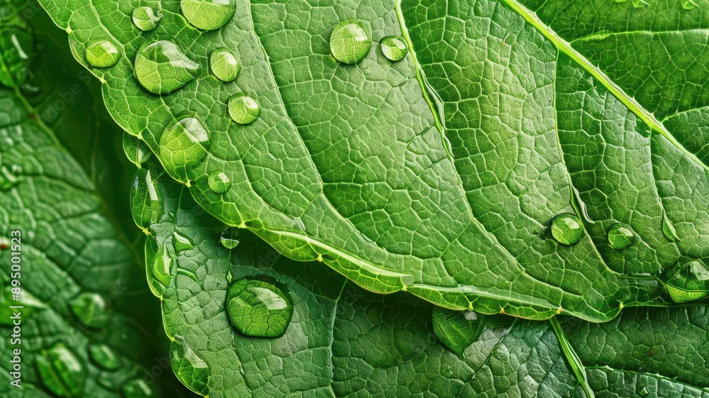 Fototapeta premium Closeup of leaf surface with water beads, high resolution, lush green texture, natures detail