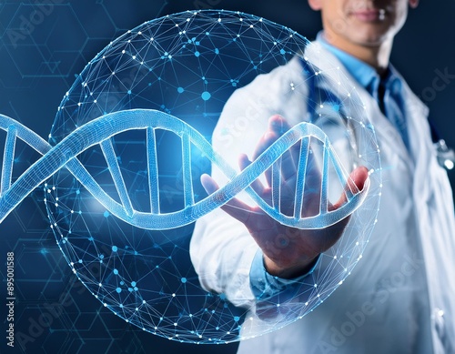 Medizintechnologie. Arzt hält ein Gesundheitssymbol mit DNA und elektronische Patientenakte. Digitale Gesundheitsversorgung und Forschung mit globaler Netzwerkverbindung auf einem holografischen virtu photo