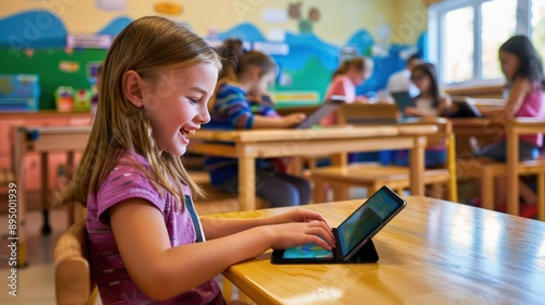 Upscale image failed U1: Classroom scene with a girl on an iPad, classmates using devices, teacher overseeing. photo