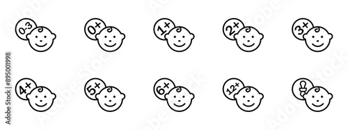 Set of restriction icons for children. Children's age plus icon. Age restriction sign. Months for children's symbols isolated on white background.