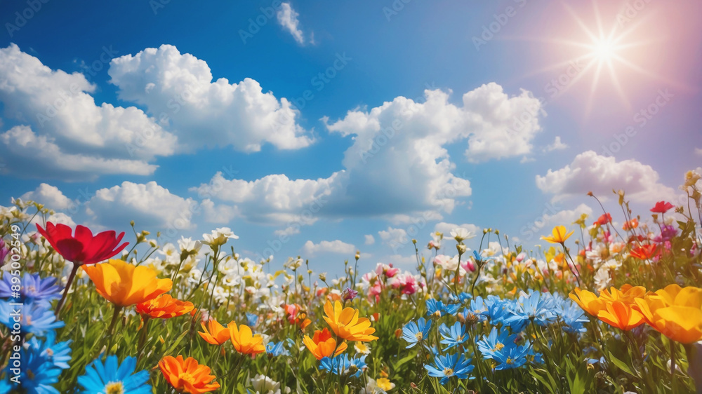 A stunning nature abstract background featuring a bright blue sky and amazing colorful flowers. The spring themed designs, capturing the essence of seasonal beauty and vibrancy. A stunning nature abstract background featuring a bright blue sky and amazing colorful flowers. The spring themed designs, capturing the essence of seasonal beauty and vibrancy.