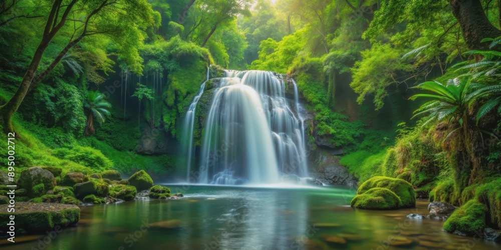 Peaceful waterfall surrounded by lush green woods, waterfall, woods, nature, serene, tranquil, flowing water, forest Peaceful waterfall surrounded by lush green woods, waterfall, woods, nature, serene, tranquil, flowing water, forest