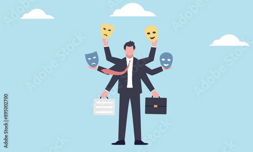 businessman with many different masks, representing the various roles and responsibilities he must undertake in his daily work