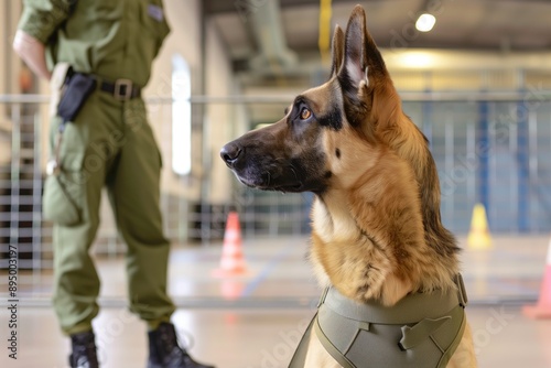 German Shepherd in tactical vest during training session with military personnel in the background. Military working dog, canine training, security, K9 unit, military training, service dog concept. © Anna