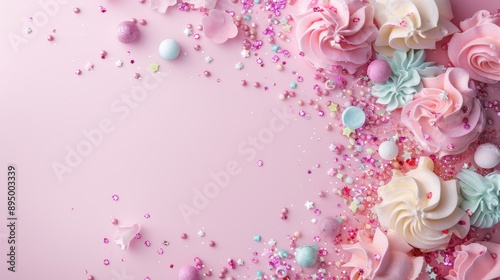 A pink background with a lot of pink sprinkles and frosting