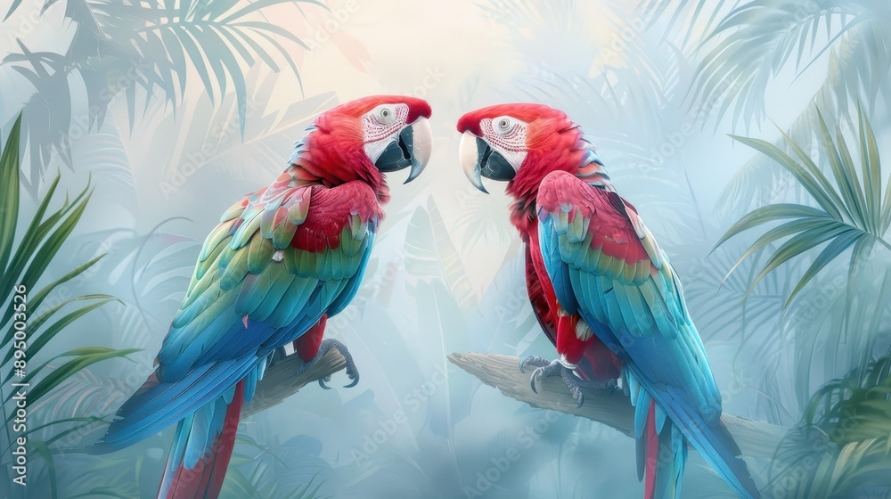 Obraz premium Two parrots are perched on a branch in a lush green forest
