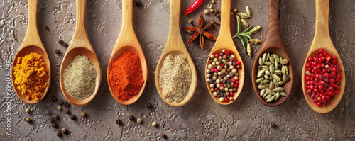 An assortment of spices and ingredients on wooden spoons, placed artistically on a cooking table, showcasing their vibrant hues.