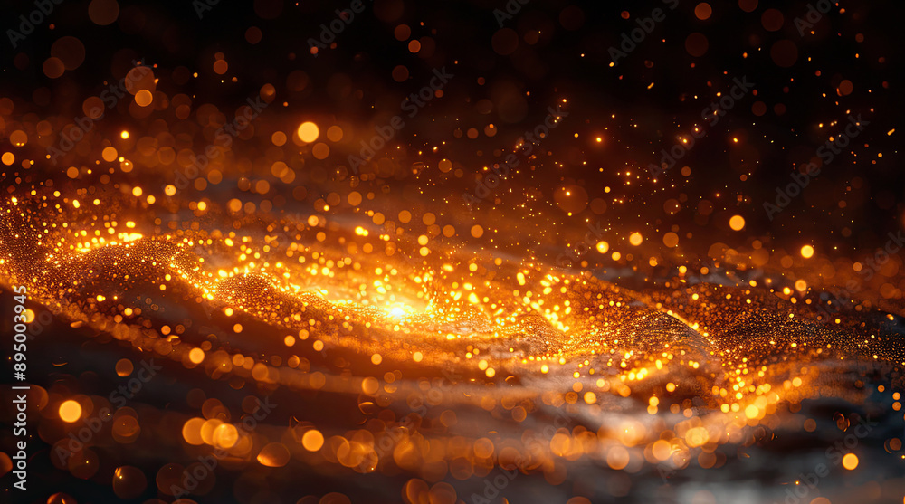 Naklejka premium Bright orange particles form a mesmerizing wave in a dark, abstract scene, creating a dynamic and vibrant visual effect. 