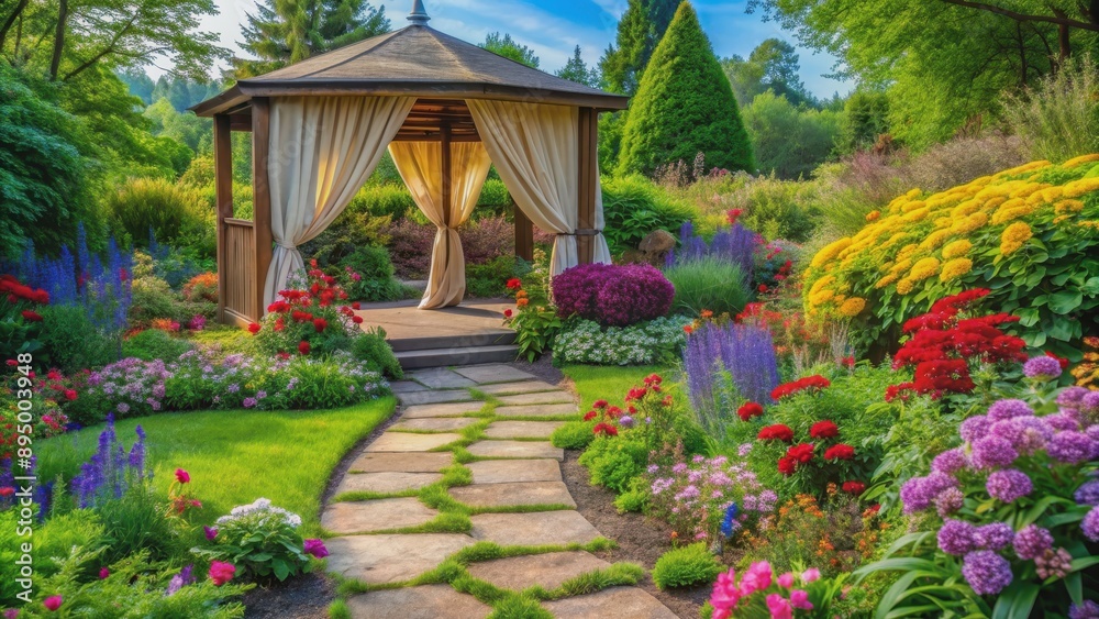 A vibrant garden with diverse flowers surrounding a stone pathway leading to a secluded gazebo with flowing drapes , lush A vibrant garden with diverse flowers surrounding a stone pathway leading to a secluded gazebo with flowing drapes , lush