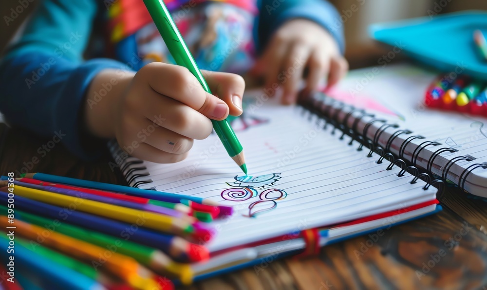Close up of young child hands drawing in a notebook with vibrant colored pencils