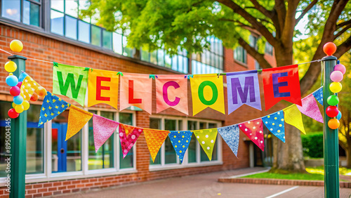 Wallpaper Mural Back to school banner, colorful and welcoming, hanging at school entrance, festive and bright Torontodigital.ca