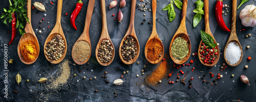 Top view of various spices and ingredients on wooden spoons, elegantly displayed on a cooking table, highlighting their culinary appeal. photo